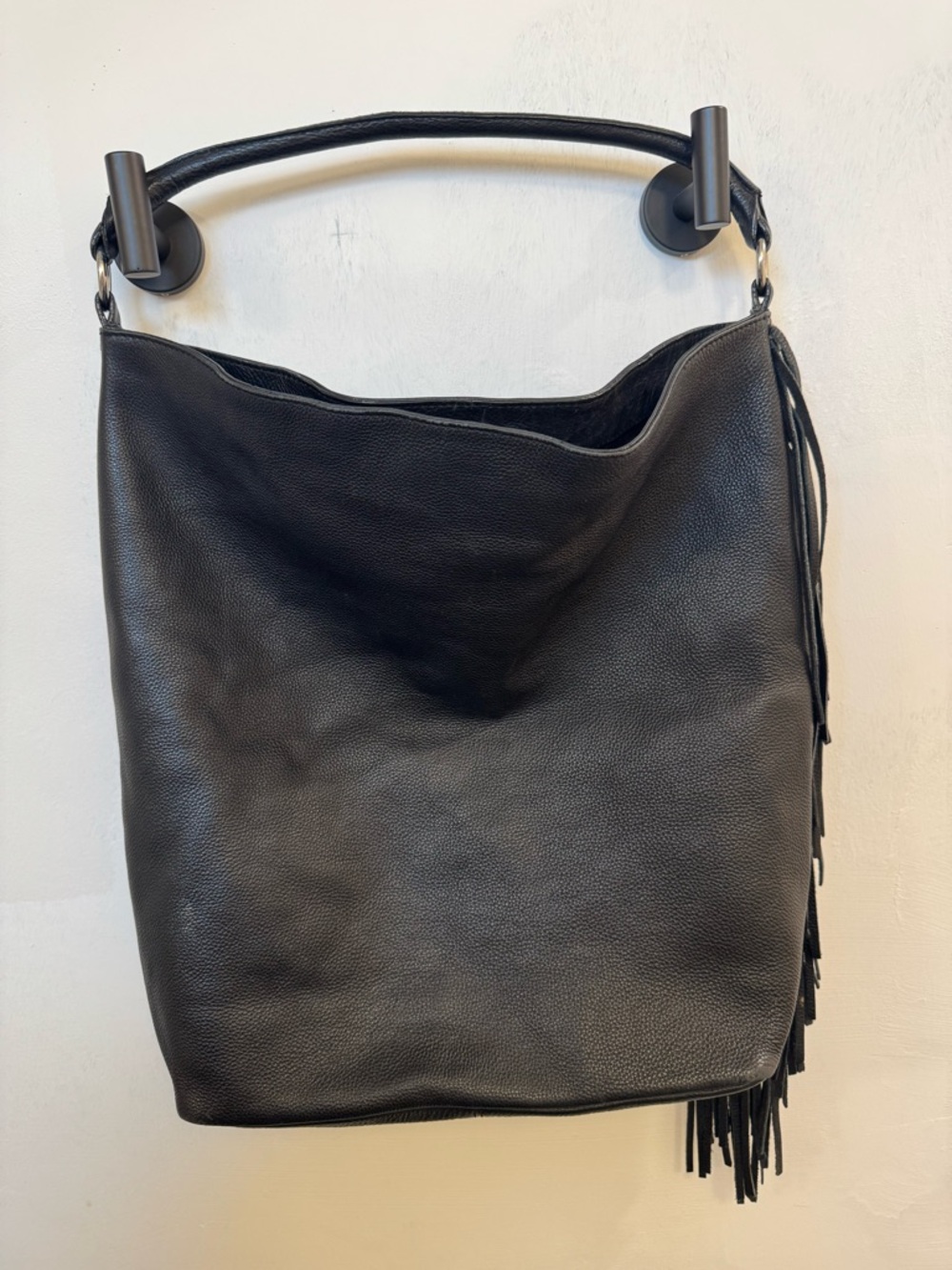 Vintage Nine West Black Leather Fringe Hobo - Picture 2 of 4